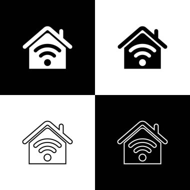 Siyah ve beyaz arka planda yalıtılmış wi-fi simgesi yalıtılmış simgelerle Smart home'u ayarlayın. Uzaktan kumanda. Vektör İllüstrasyonu
