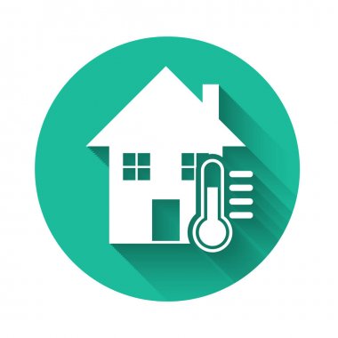 Beyaz Saray sıcaklık simgesi uzun gölge ile izole. Termometre simgesi. Yeşil daire düğmesi. Vektör İllüstrasyonu