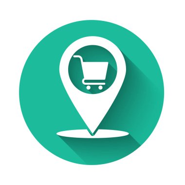 Uzun gölgeile yalıtılmış alışveriş sepeti simgesi ile Beyaz Harita işaretçisi. Pin point dükkanı ve alışveriş. Süpermarket sepeti sembolü. Yeşil daire düğmesi. Vektör İllüstrasyonu