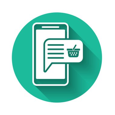 Beyaz Cep telefonu ve alışveriş sepeti simgesi uzun gölge ile izole. Online satın alma sembolü. Süpermarket sepeti sembolü. Yeşil daire düğmesi. Vektör İllüstrasyonu