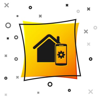 Black Smart home - beyaz arka planda yalıtılmış uzaktan kumanda sistemi simgesi. Sarı kare düğmesi. Vektör İllüstrasyonu