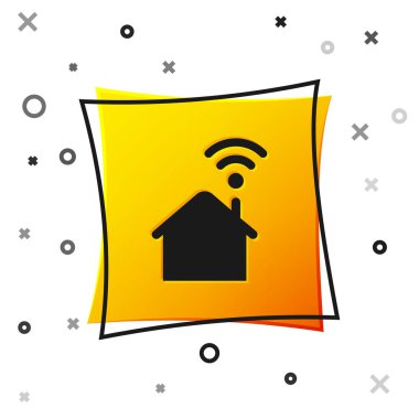 Beyaz arka planda izole wi-fi simgesi ile Siyah Akıllı ev. Uzaktan kumanda. Sarı kare düğmesi. Vektör İllüstrasyonu