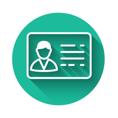 Uzun gölgeile yalıtılmış Beyaz Kimlik rozeti çizgi simgesi. Bu sunum için kullanılabilir, şirketin kimliği, reklam. Yeşil daire düğmesi. Vektör İllüstrasyonu