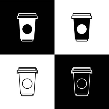 Siyah beyaz arka planda izole edilmiş kahve fincanı simgelerini ayarlayın. Sıcak kahve ile tek kullanımlık kahve fincanı. Vektör İllüstrasyonu