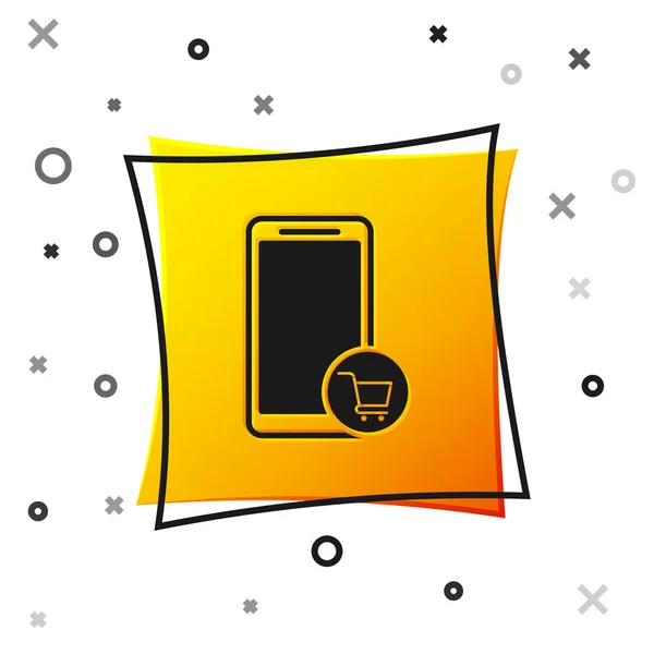 Zwarte mobiele telefoon en winkelwagentje pictogram geïsoleerd op witte achtergrond. Online kopen symbool. Supermarkt mand symbool. Gele vierkante knop. Vector Illustratie — Stockvector