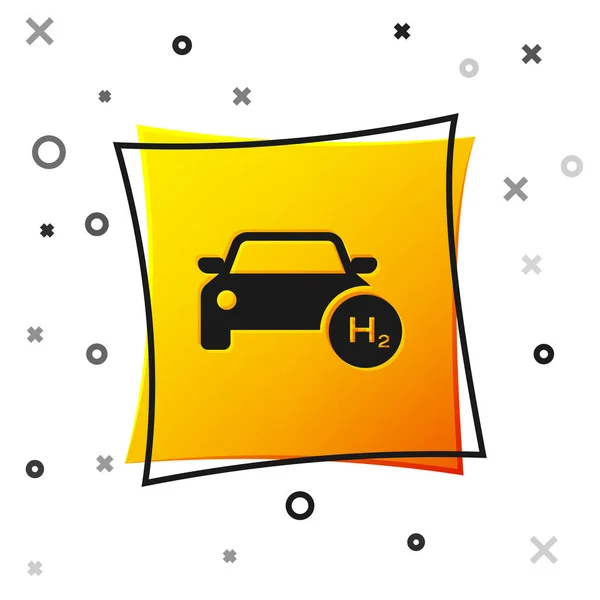 Černá vodíková ikona, samostatná na bílém pozadí. Symbol H2 Station. Vodíkové palivové a nízkoemisní ekologické životní prostředí. Žluté čtvercové tlačítko. Vektorová ilustrace — Stockový vektor