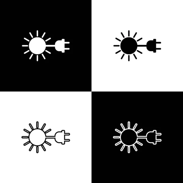 Set Sun with electric plug icons isolated on black and white background. Energy saving concept. Vector Illustration — Stock Vector