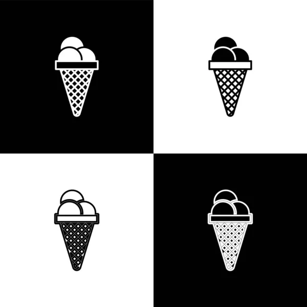 Set Helado en iconos de cono de gofre aislado sobre fondo blanco y negro. Dulce símbolo. Ilustración vectorial — Vector de stock