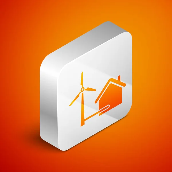 Casa isométrica com turbina eólica para ícone de geração de energia elétrica isolada em fundo laranja. Casa ecológica. Protecção do ambiente. Botão quadrado de prata. Ilustração vetorial — Vetor de Stock