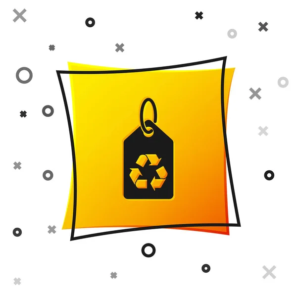 白い背景に分離されたリサイクルシンボルアイコンを持つ黒いタグ。バナー、ラベル、タグ、ロゴ、エコグリーンのステッカー。黄色の正方形のボタン。ベクトルイラストレーション — ストックベクタ