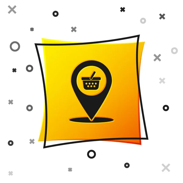 Puntero Mapa Negro con icono de la cesta de la compra aislado sobre fondo blanco. Tienda de puntos de pin y compras. Símbolo de cesta de supermercado. Botón cuadrado amarillo. Ilustración vectorial — Archivo Imágenes Vectoriales