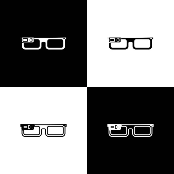 Stel slimme glazen gemonteerd op bril icoon geïsoleerde iconen geïsoleerd op zwarte en witte achtergrond. Draagbare elektronica slimme bril met camera en display. Vector illustratie — Stockvector