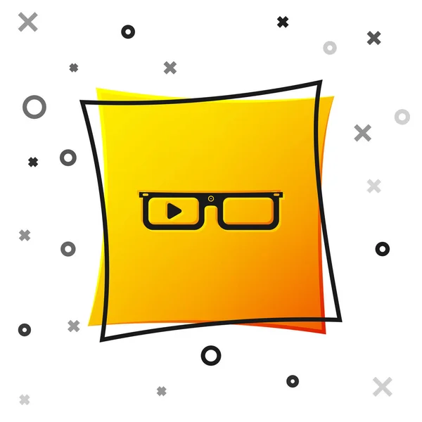 白い背景に隔離された眼鏡アイコンに取り付けられた黒いスマートメガネ。カメラとディスプレイを備えたウェアラブルエレクトロニクススマートメガネ。黄色の正方形のボタン。ベクトルイラストレーション — ストックベクタ