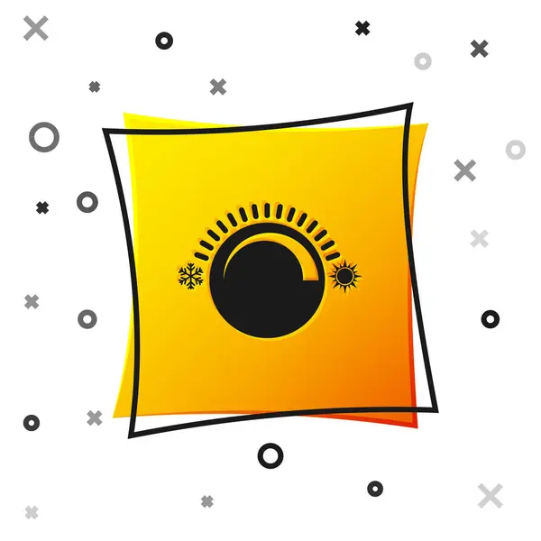 Icono de termostato negro aislado sobre fondo blanco. Control de temperatura. Botón cuadrado amarillo. Ilustración vectorial — Vector de stock