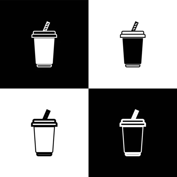 Conjunto de vidro com ícones de água isolados em fundo preto e branco. Copo de bebida com palha de bebida. Símbolo da bebida fresca fria. Ilustração vetorial — Vetor de Stock