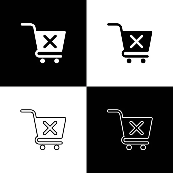 Set odstranit ikony nákupního košíku izolované na černém a bílém pozadí. Koncepce nákupu online. Značka služby doručování. Košík supermarketu a symbol značky X. Vektorová ilustrace — Stockový vektor