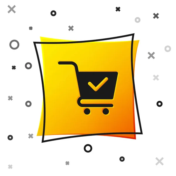 Black Shopping cart with check mark icon isolated on white background. Supermarket basket with approved, confirm, done, tick, completed symbol. Yellow square button. Vector Illustration — Stock Vector