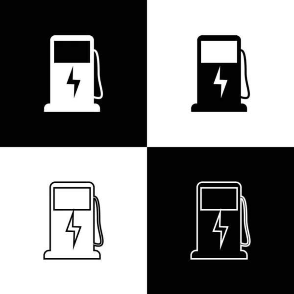 Conjunto de iconos de la estación de carga de coches eléctricos aislados en fondo blanco y negro. Eco señal de bomba de combustible eléctrico. Ilustración vectorial — Archivo Imágenes Vectoriales