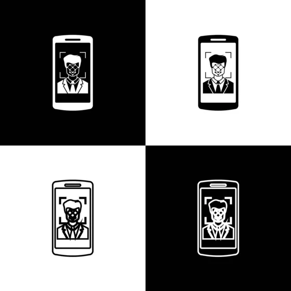 Definir telefone celular e ícones de reconhecimento de rosto isolados em fundo preto e branco. Ícone do scanner de identificação facial. Identidade facial. Conceito de segurança cibernética. Ilustração vetorial —  Vetores de Stock