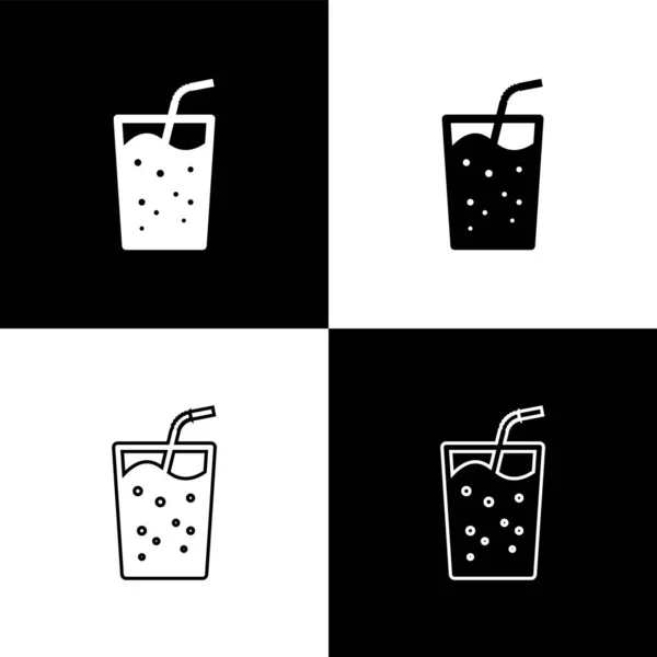 Set Glas mit Wassersymbolen isoliert auf schwarzem und weißem Hintergrund. Soda-Trinkglas mit Trinkhalm. frisches Kaltgetränk Symbol. Vektorillustration — Stockvektor