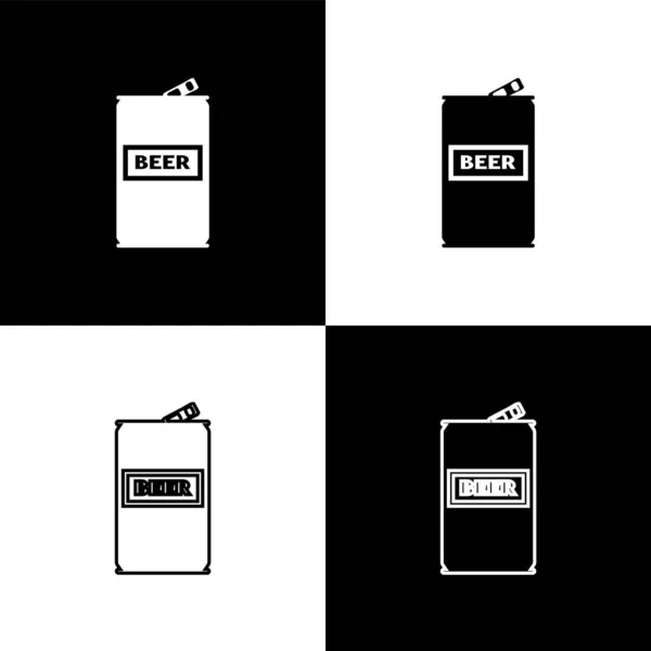 Set Iconos de lata de cerveza aislados sobre fondo blanco y negro. Ilustración vectorial — Vector de stock
