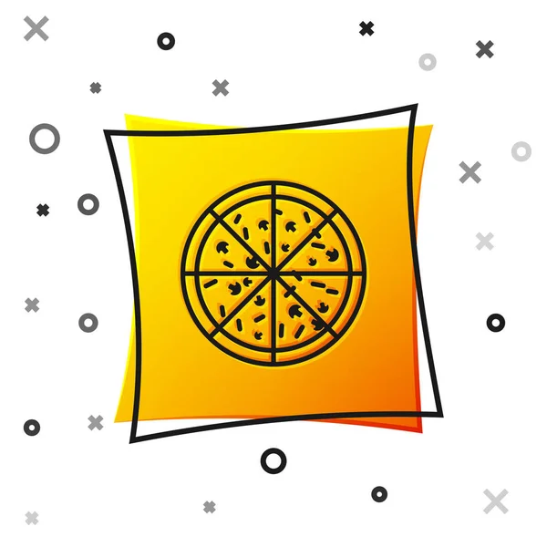 Fekete pizza ikon izolált fehér háttér. Sárga négyzetgomb. Vektoros illusztráció — Stock Vector