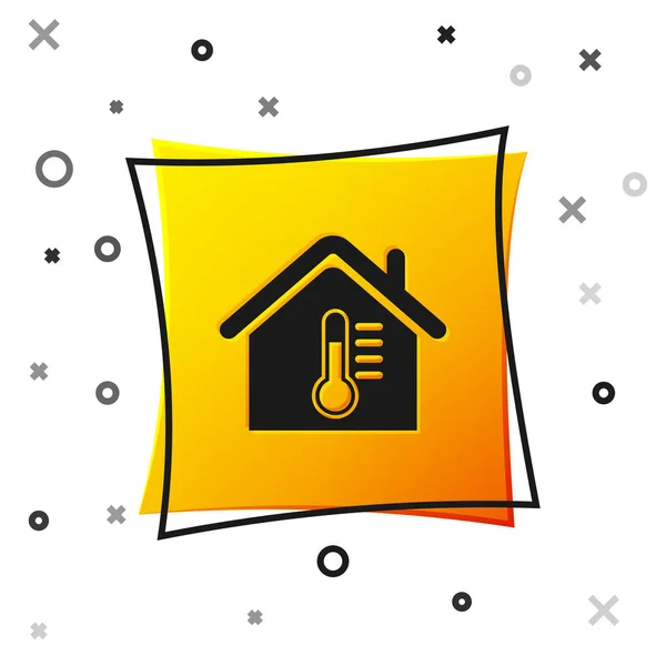 Zwart huis temperatuur pictogram geïsoleerd op witte achtergrond. Thermometer icoon. Gele vierkante knop. Vector illustratie — Stockvector