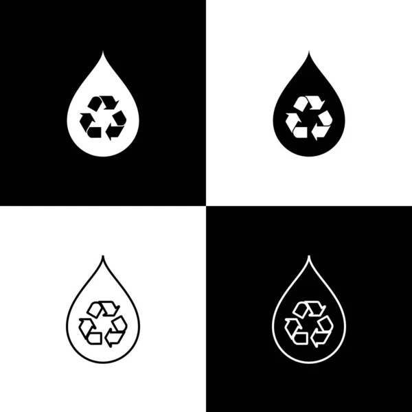 Impostare Riciclare icone pulite aqua isolate isolate su sfondo bianco e nero. Goccia d'acqua con segno di riciclaggio. Illustrazione vettoriale — Vettoriale Stock