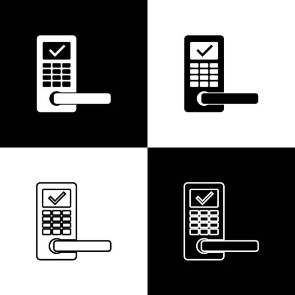 Set Cerradura de puerta digital con tecnología inalámbrica para desbloquear iconos aislados sobre fondo blanco y negro. Señal de la puerta. Seguridad inteligente hogar de concepto. Ilustración vectorial — Vector de stock