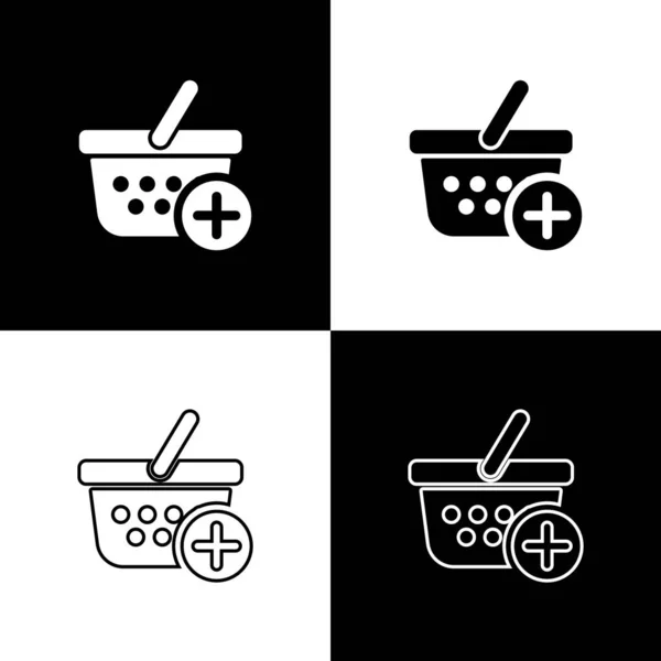 Set Añadir a la cesta Iconos aislados sobre fondo blanco y negro. Concepto de compra en línea. Señal de entrega. Símbolo de cesta de supermercado. Ilustración vectorial — Vector de stock