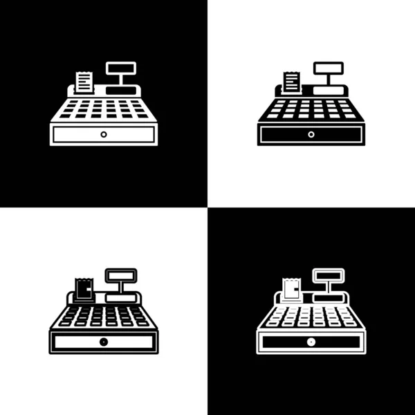 Ustaw maszynę kasy z ikonami wyboru wyizolowanymi na czarno-białym tle. Znak Kasjera. Symbol cashbox. Ilustracja wektorowa — Wektor stockowy