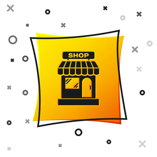 Edifício de compras preto ou ícone de loja de mercado isolado no fundo branco. Construção de loja. Botão quadrado amarelo. Ilustração vetorial — Vetor de Stock