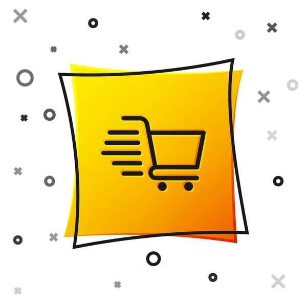 黑色购物车图标隔离在白色背景。网上购物的概念。送货服务标志。超级市场篮子的象征.黄色方块按钮。病媒图解 — 图库矢量图片