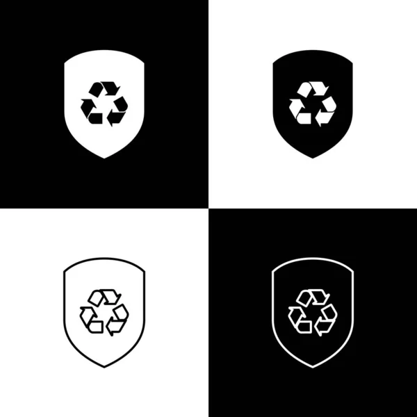 Establecer Reciclar símbolo dentro del icono de escudo aislado iconos aislados sobre fondo blanco y negro. Signo de protección ecológica. Ilustración vectorial — Archivo Imágenes Vectoriales