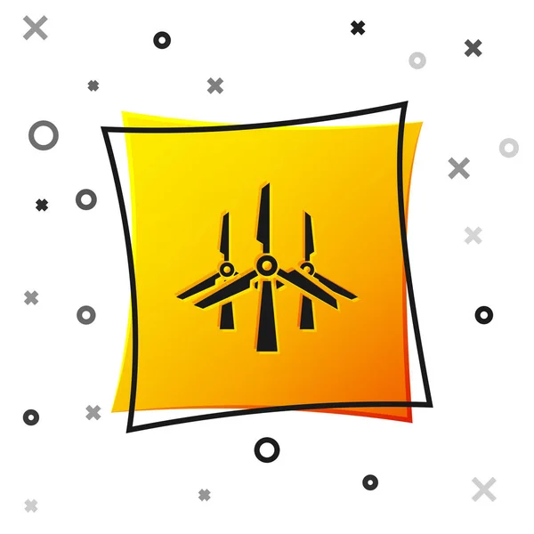 Icona turbine eoliche nere isolata su sfondo bianco. Segnale generatore eolico. Silhouette del mulino a vento. Mulini a vento per la produzione di energia elettrica. Pulsante quadrato giallo. Illustrazione vettoriale — Vettoriale Stock