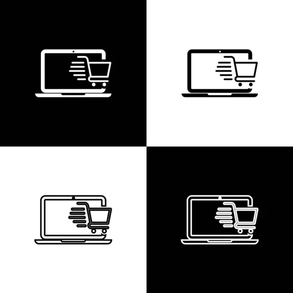 Definir carrinho de compras na tela ícones do laptop isolado em fundo preto e branco. Conceito e-commerce, e-business, marketing de negócios online. Ilustração vetorial — Vetor de Stock