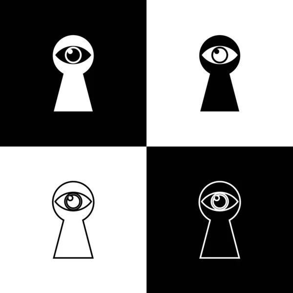 Ορισμός κλειδαρότρυπα με εικονίδια ματιών απομονωμένα σε μαύρο και άσπρο φόντο. Το μάτι κοιτάζει την κλειδαρότρυπα. Τρύπα στο μάτι. Απεικόνιση διανυσματικών φορέων — Διανυσματικό Αρχείο
