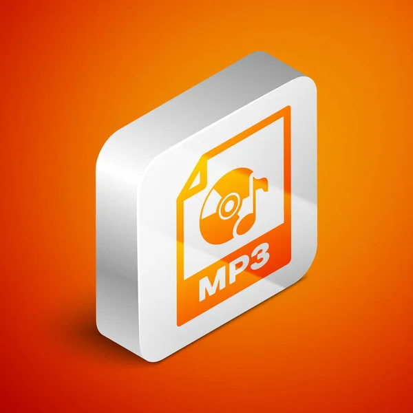 Isometrisch documentpictogram van MP3-bestand. Download mp3 knop icoon geïsoleerd op oranje achtergrond. MP3-muziek formaat teken. MP3-bestand symbool. Zilveren vierkante knop. Vector illustratie — Stockvector