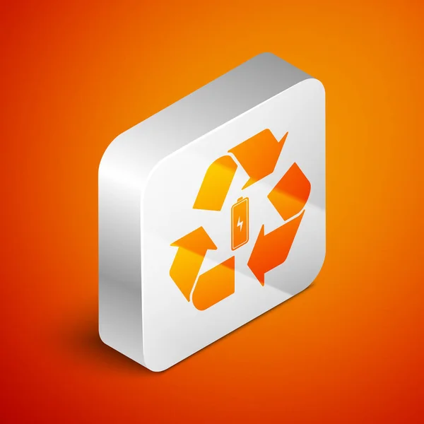 Bateria Isométrica com ícone de linha de símbolo de reciclagem isolado no fundo laranja. Bateria com símbolo de reciclagem - conceito de energia renovável. Botão quadrado de prata. Ilustração vetorial — Vetor de Stock