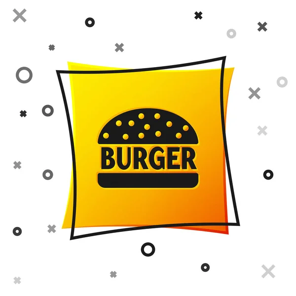 Black-Burger-Symbol isoliert auf weißem Hintergrund. Hamburger Ikone. Cheeseburger Sandwich-Schild. gelber quadratischer Knopf. Vektorillustration — Stockvektor