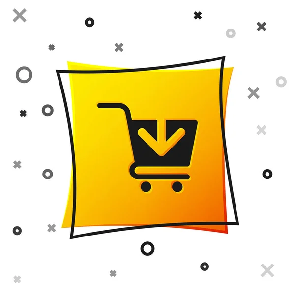 Preto Adicionar ao ícone do carrinho de compras isolado no fundo branco. Conceito de compra online. Sinal de serviço de entrega. Símbolo da cesta de supermercado. Botão quadrado amarelo. Ilustração vetorial —  Vetores de Stock