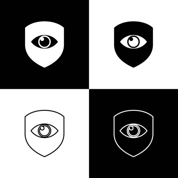 Set Iconos de escudos y ojos aislados sobre fondo blanco y negro. Seguridad, seguridad, protección, concepto de privacidad. Ilustración vectorial — Archivo Imágenes Vectoriales