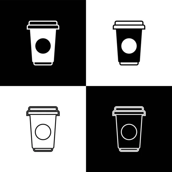 Set Coffee cup icons isolated on black and white background. Disposable coffee cup with hot coffee. Vector Illustration — Stock Vector