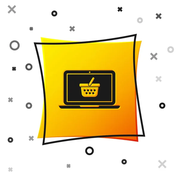 Beyaz arka planda yalıtılmış ekran dizüstü bilgisayar simgesinde Siyah Alışveriş sepeti. Konsept e-ticaret, e-iş, online iş pazarlama. Sarı kare düğmesi. Vektör İllüstrasyonu — Stok Vektör