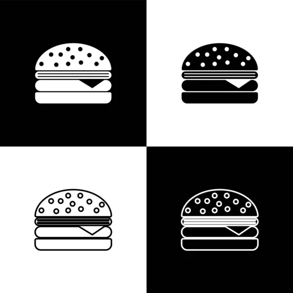 黒と白の背景に隔離されたバーガーアイコンを設定します。ハンバーガーのアイコン。チーズバーガーのサンドイッチサインベクトルイラストレーション — ストックベクタ
