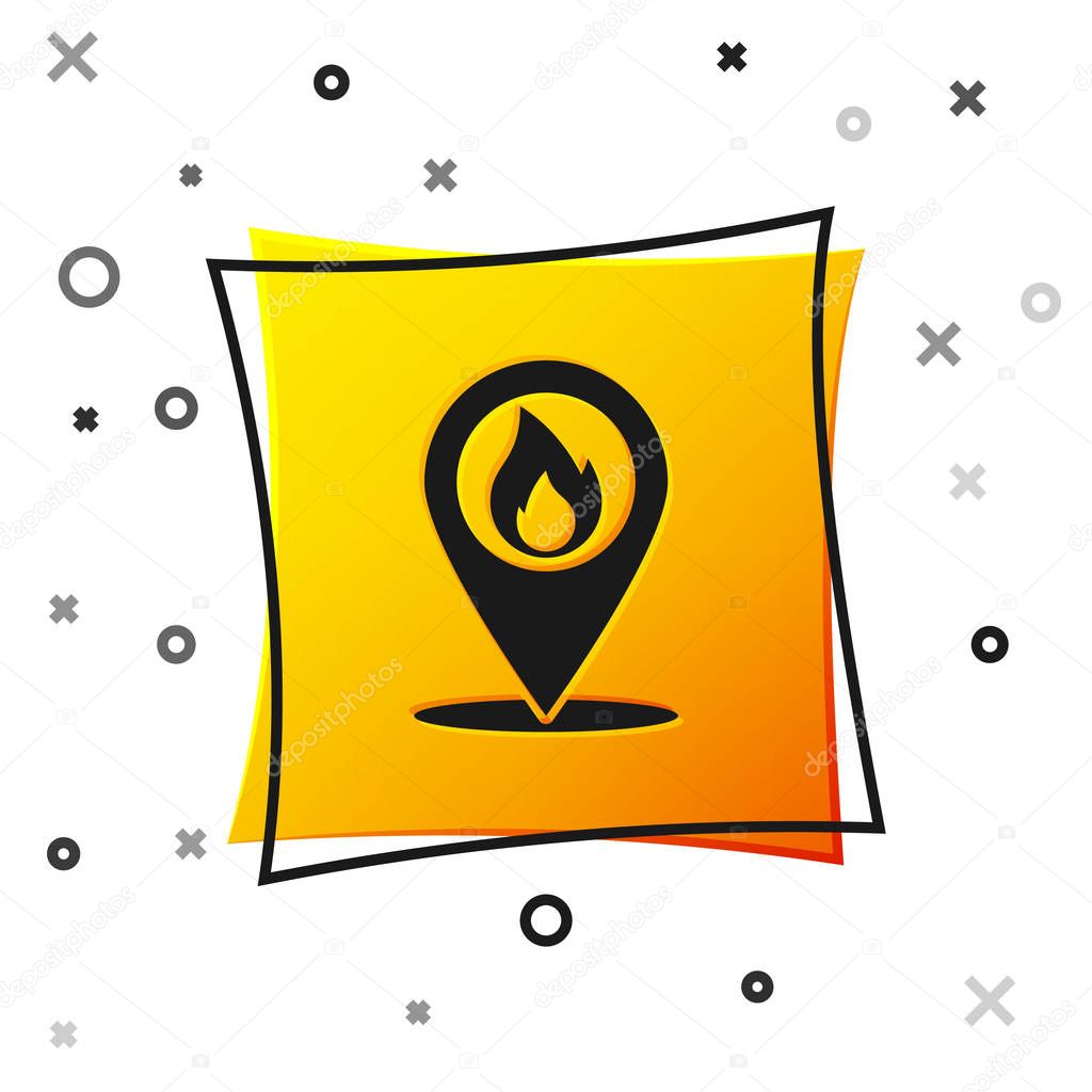 Black Map pointer with fire flame icon isolated on white background. Fire nearby. Yellow square button. Vector Illustration