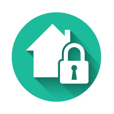 Beyaz Saray uzun gölgeli bir koruma ikonu altında. Eve git ve kilitle. Koruma, güvenlik, güvenlik, koruma, savunma konsepti. Yeşil daire düğmesi. Vektör İllüstrasyonu