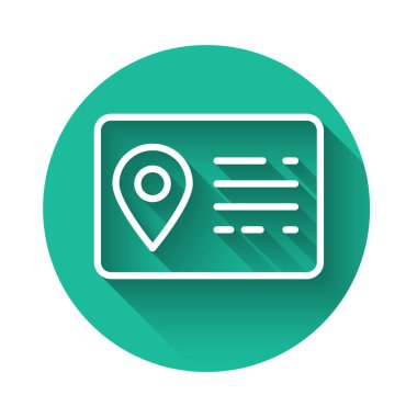 Uzun gölgeyle yalıtılmış Beyaz Adres kitap satırı simgesi. Telefon rehberi. Yeşil daire düğmesi. Vektör İllüstrasyonu