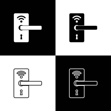 Siyah beyaz arka planda yalıtılmış simgelerin kilidini açmak için kablosuz teknolojiye sahip Dijital kapı kilidini ayarlayın. Kapı kolu işareti. Kavramın güvenlik akıllı ev. Vektör İllüstrasyonu