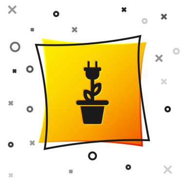 Beyaz arka planda yalıtılmış pot simgesinde Black Electric tasarruf fişi. Enerji elektrik simgesi kaydedin. Çevre koruma simgesi. Biyo enerji. Sarı kare düğmesi. Vektör İllüstrasyonu